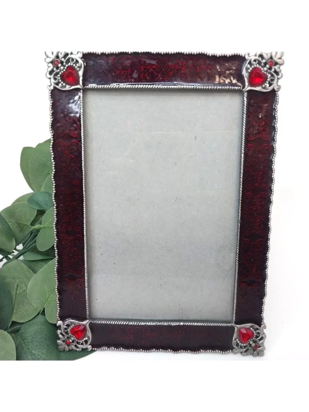Vintage Enamel Picture Frame Red Silver Ornate Heart Filigree Gem Accents 5x3